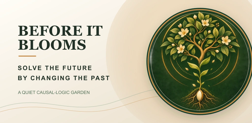 BEFORE IT BLOOMS title and a flowering tree emblem beside the words Solve the future by changing the past.