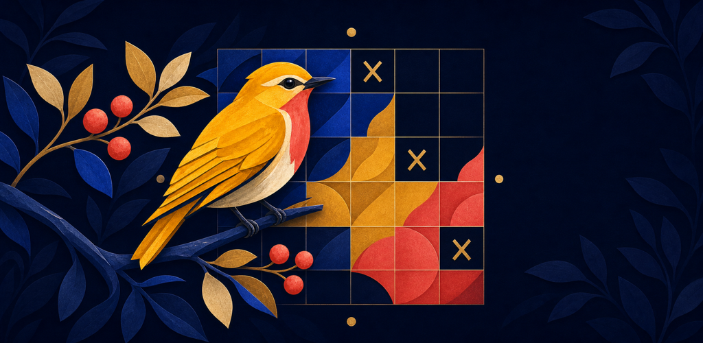 An illustrated golden bird perched beside a colored habitat logic grid, framed by dark blue leaves and red berries.