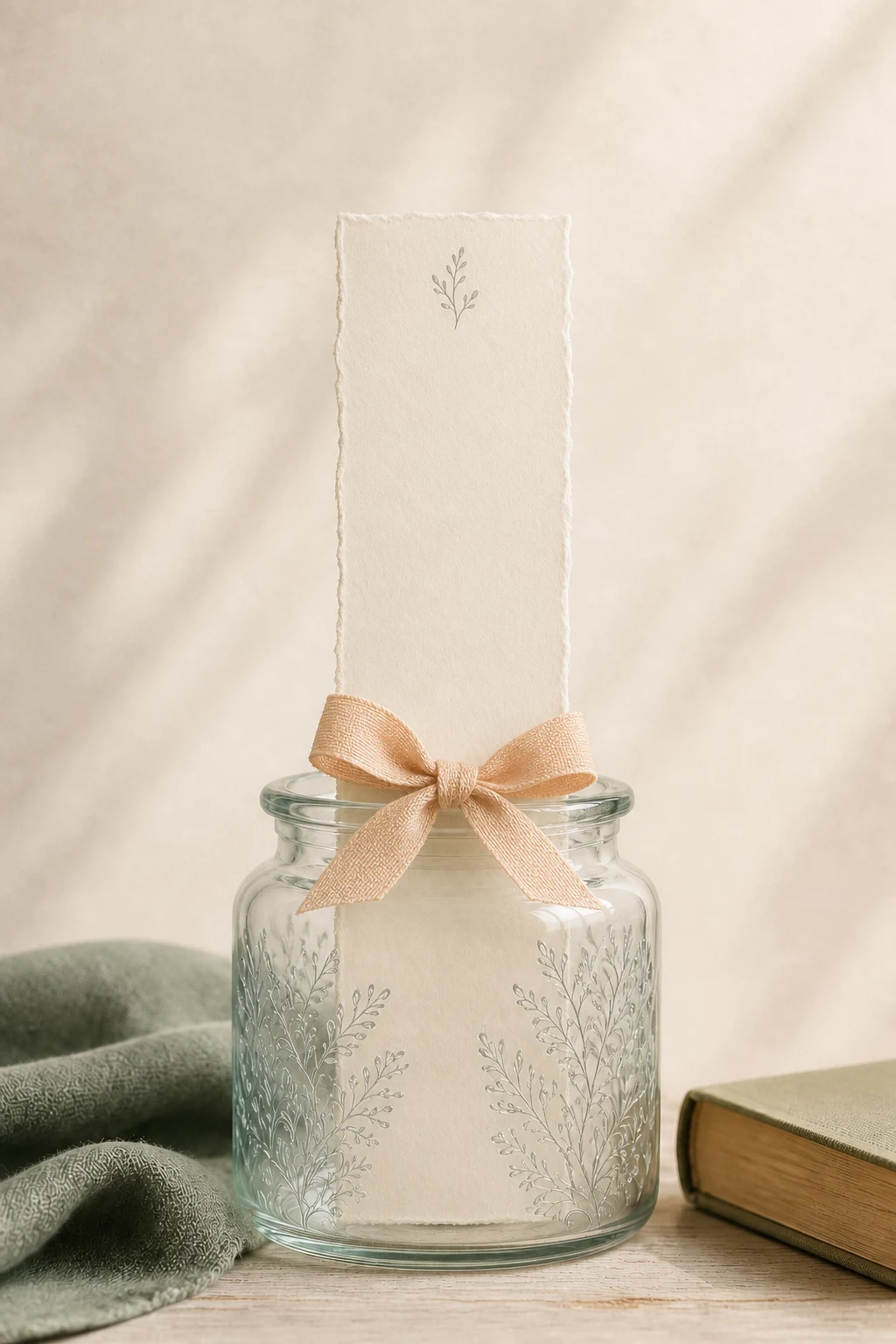 Ceremonial Name Jar reveal with a deckled slip, apricot ribbon, and botanical glass