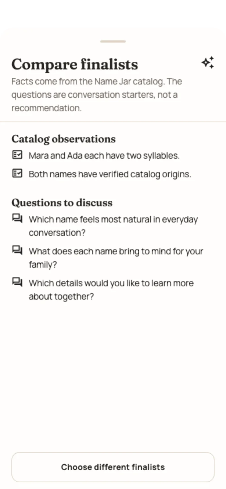 Feature preview from the production Name Jar UI comparing the fictional names Mara and Ada with verified observations and neutral questions