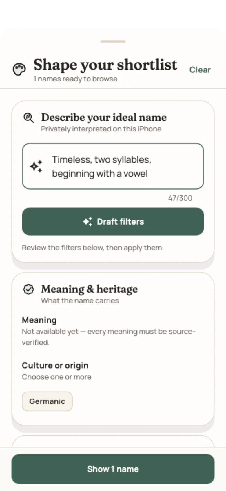 Feature preview from the production Name Jar UI translating a fictional request into editable discovery filters