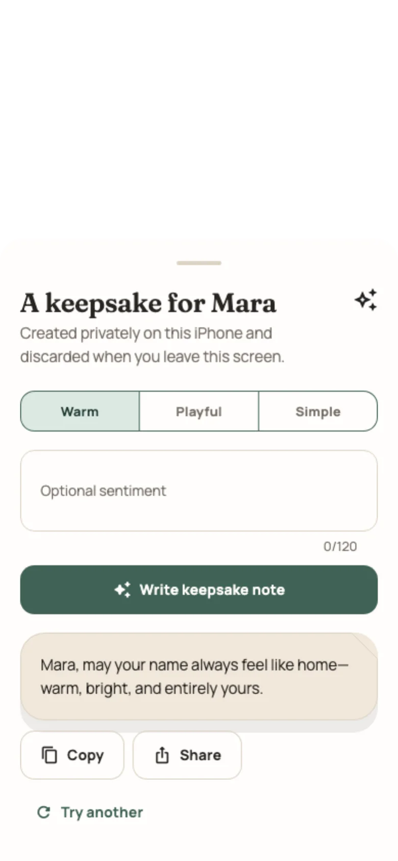Feature preview from the production Name Jar UI showing a transient warm keepsake note for the fictional name Mara