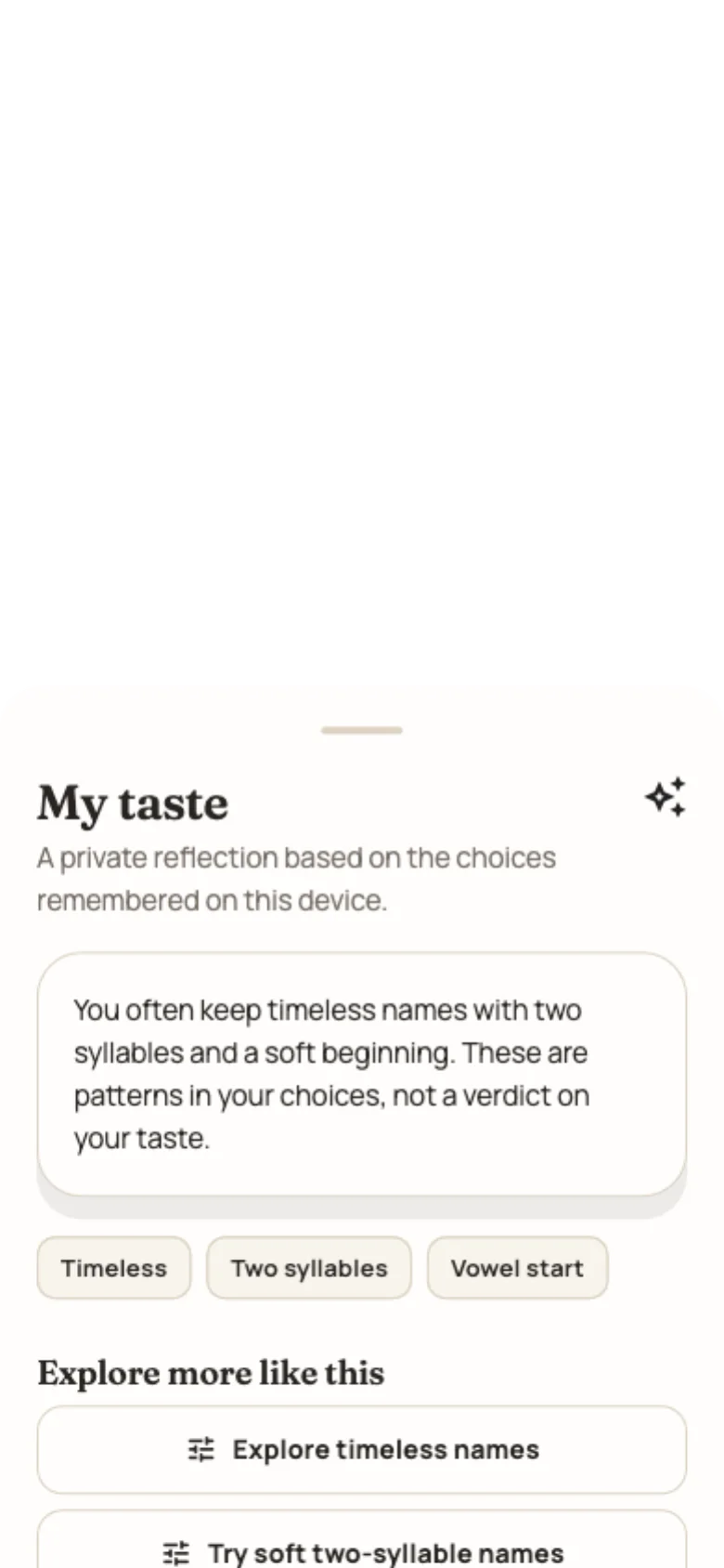 Feature preview from the production Name Jar UI reflecting fictional private discovery patterns and suggesting editable presets