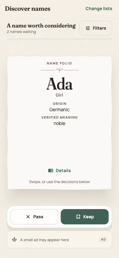 Name Jar discovery screen showing Ada on a deckled folio with Pass and Keep actions