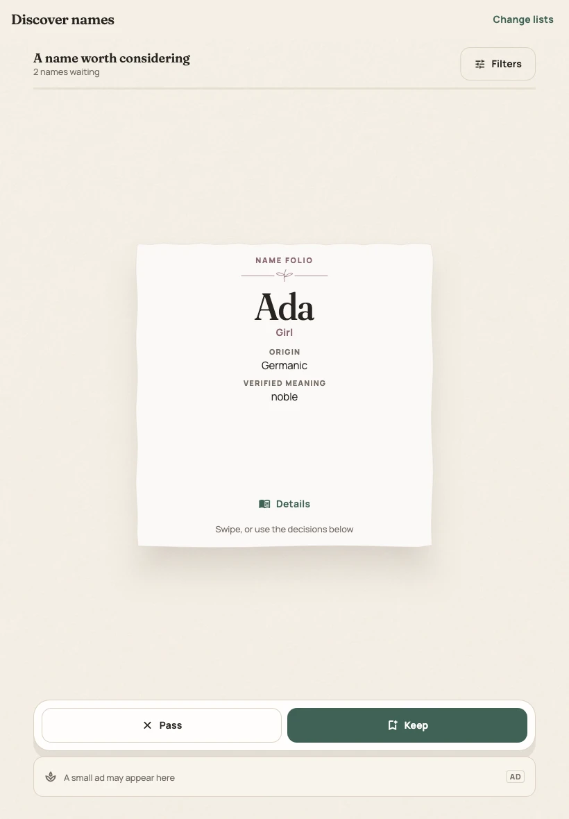 Production Name Jar discovery screen for tablet, with Ada centered on a deckled folio