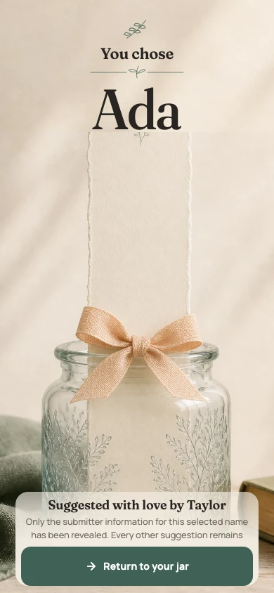 Production Name Jar reveal screen for phone showing Ada, woven ribbon, and the selected contributor