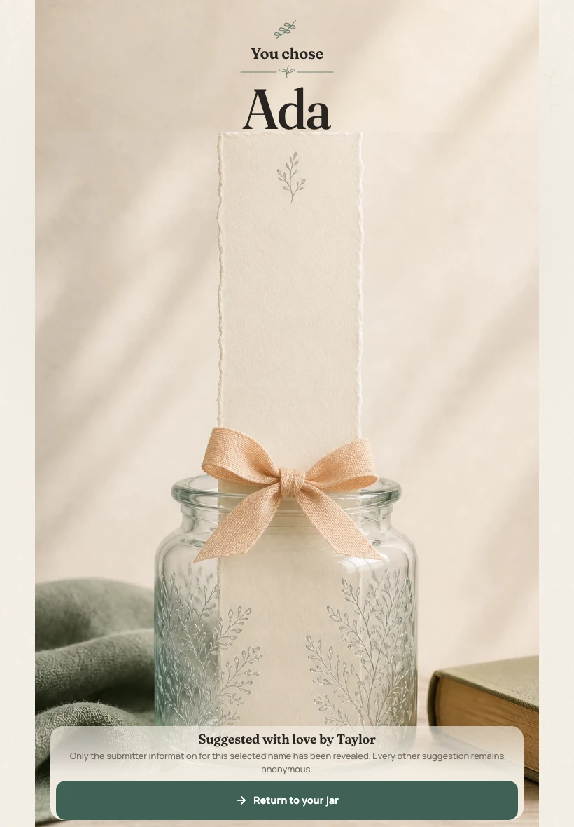 Production Name Jar reveal screen for tablet showing Ada and the selected contributor