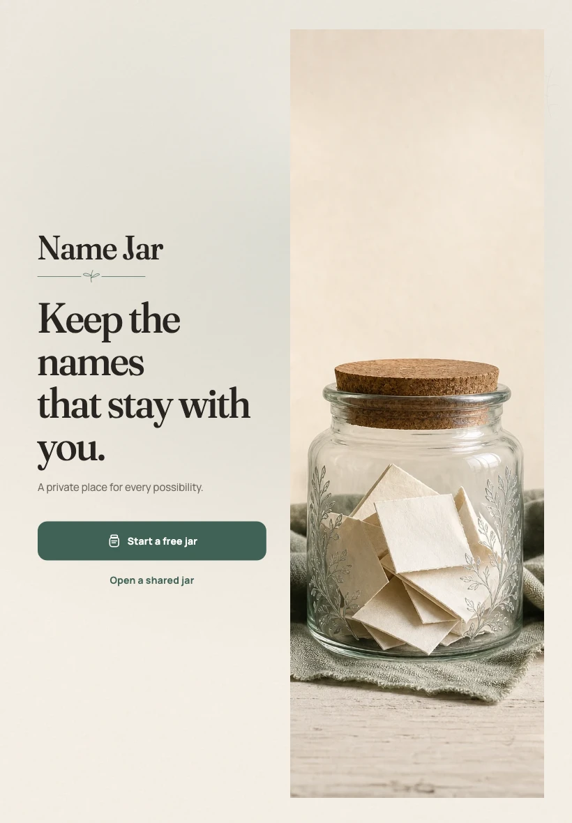 Production Name Jar welcome screen for tablet with the botanical jar and Start a free jar action