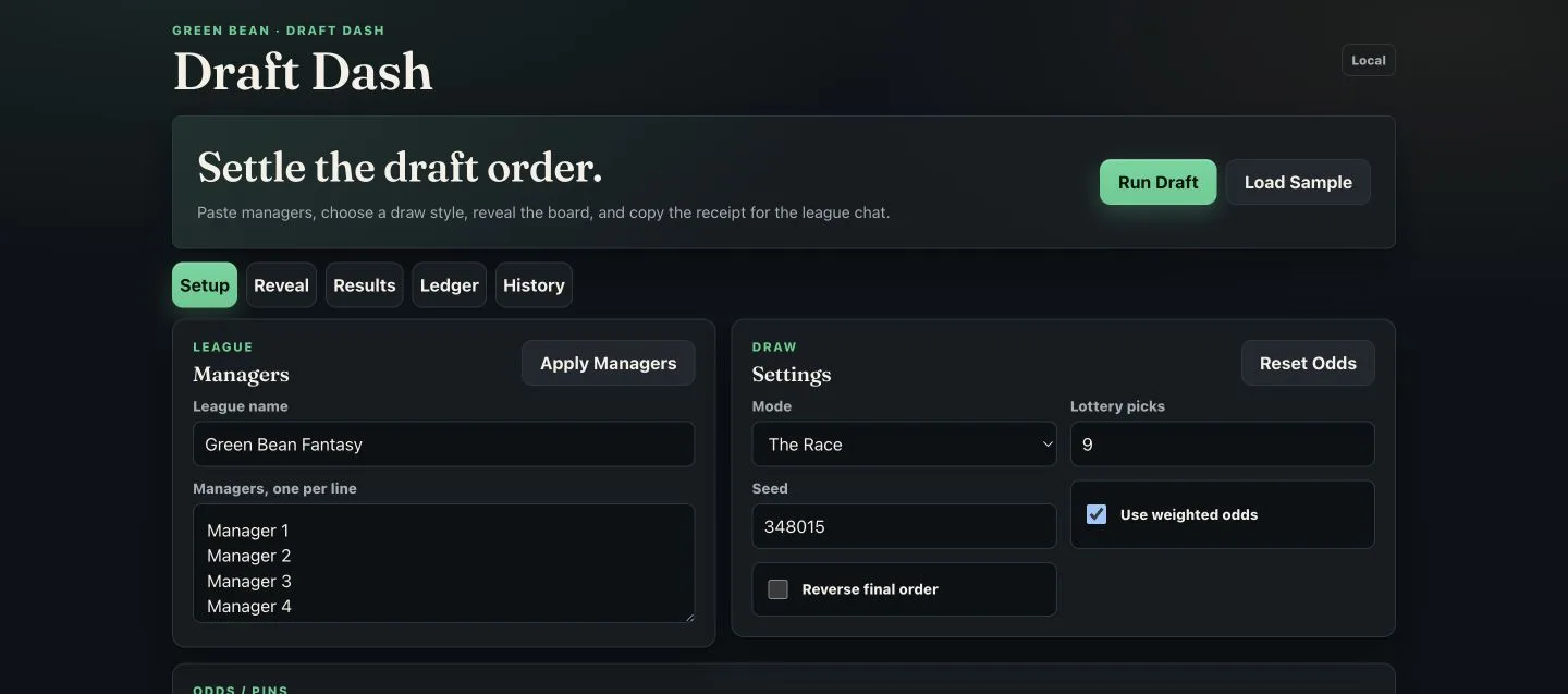 Draft Dash setup screen comparing Race, Card Flip, Lottery, and Auction modes