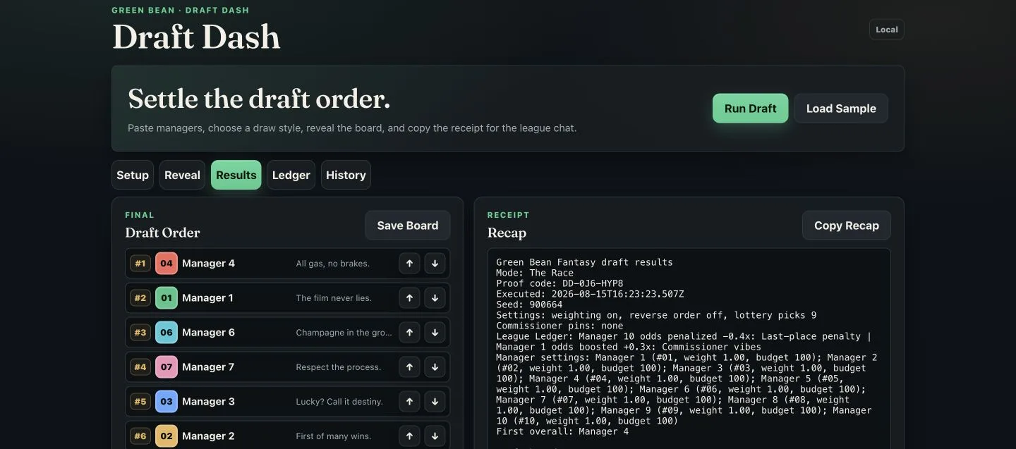 Completed Draft Dash board with the final order and copyable result receipt
