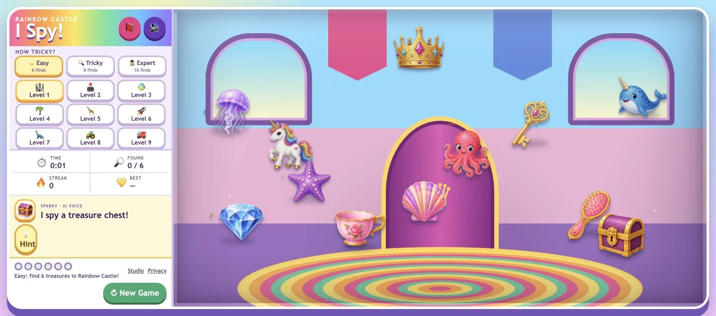 I Spy Adventures scene with Sparky's spoken clue and the target picture preview beside it