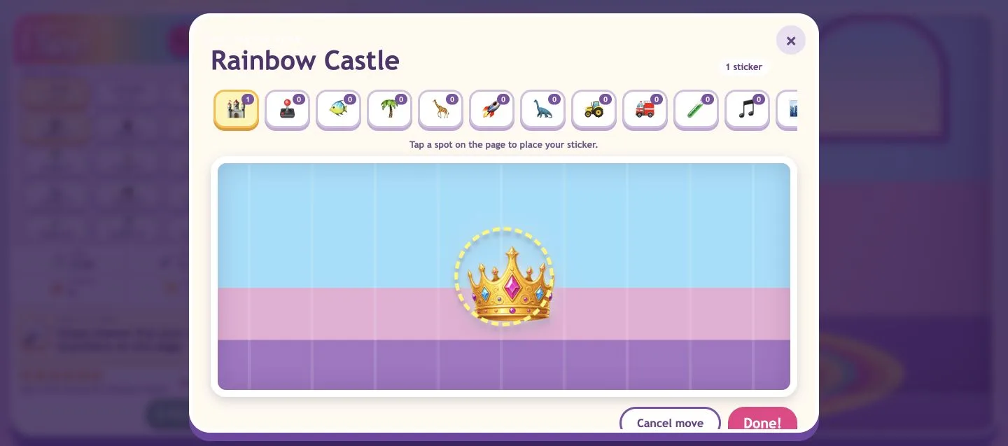 I Spy Adventures completion screen and sticker book showing a newly earned sticker