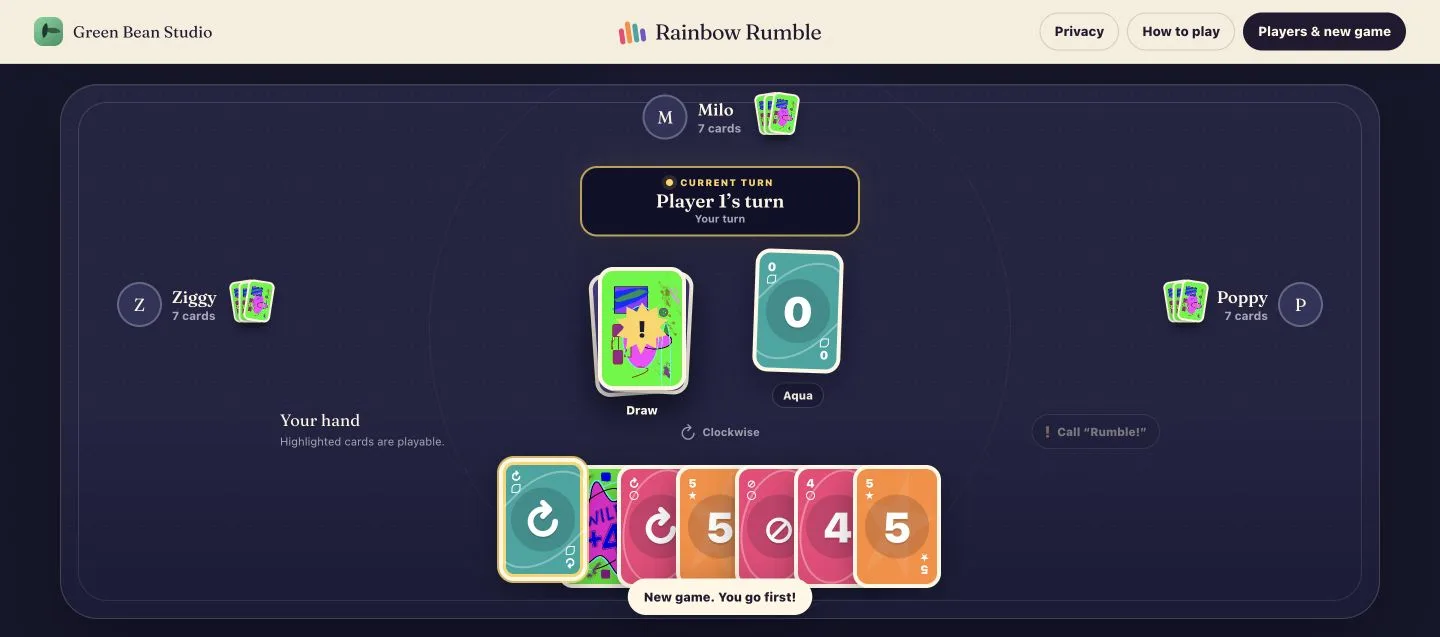 Rainbow Rumble hand beside a discard card, showing legal plays that match its color or face