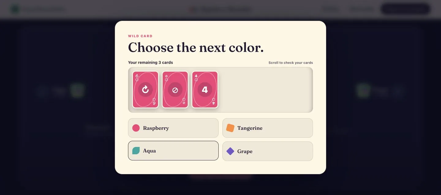 Rainbow Rumble Wild card color chooser with the remaining hand visible