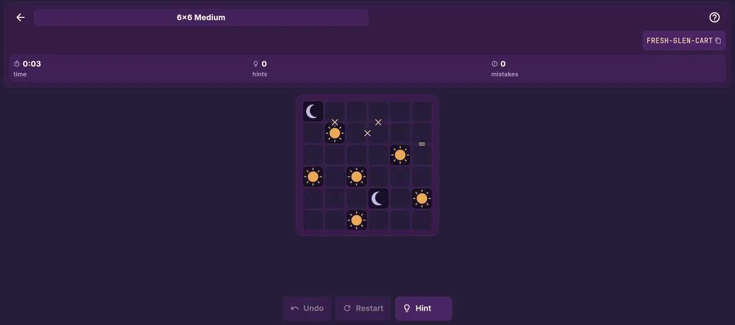Sundown board with a nearly complete line highlighted where the remaining cells must take the opposite symbol to restore an even sun and moon count