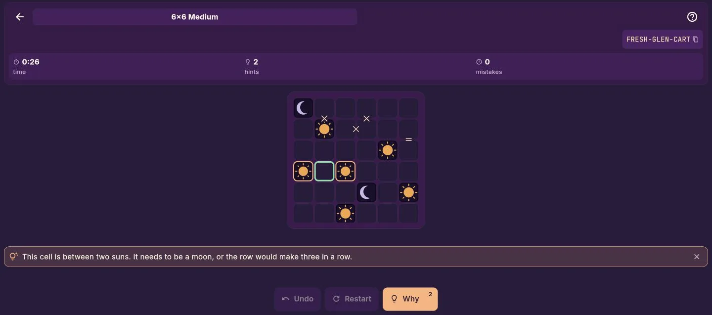 Sundown board highlighting two matching symbols with an open neighboring cell that must be the opposite symbol to prevent three in a row